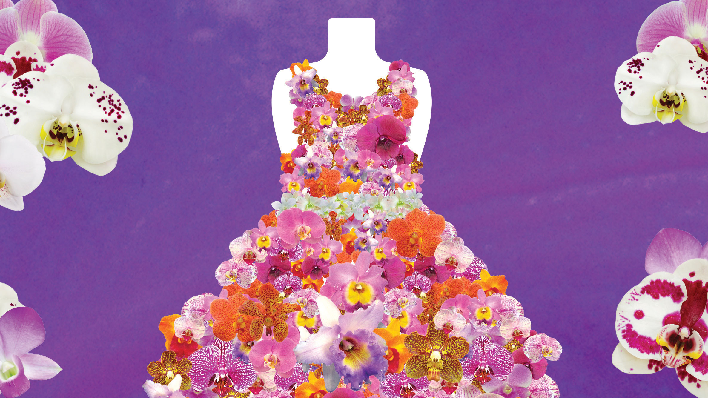 A dress fashioned from dozens of pink and red orchids against a purple backdrop