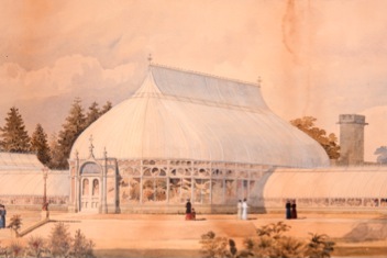 <b>Architectural Structures Embellish Gardens; Greenhouses offer the enjoyment of Tropical Plants</b><br />Design Proposal by Lord and Burnham for the Conservatory in The New York Botanical Garden in 1899...