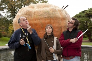 Scott Cully, Sara Mussen & Michael Anthony Natiello contemplate pumpkins and Newton