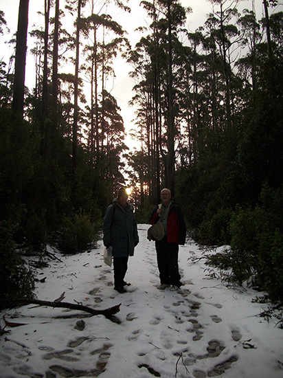 Bill Buck and associate in the austral winter snow of Tasmania