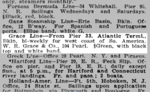 Grace Line Steamship schedule (from The Brooklyn Daily Eagle Almanac, Volume 36: 93. 1921. “§” indicates passage through the Panama Canal.)