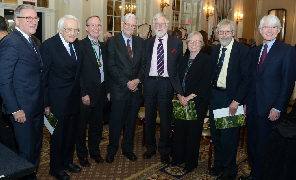 Left to Right: Gregory Long, Lewis Cullman, Thomas E. Lovejoy, Ph.D., E.O. Wilson, Ph.D., Sir Ghillean Prance FRS VMH, Patricia Holmgren, Ph.D., Noel Holmgren, Ph.D., and Ed Bass at the 123rd Annual Meeting.