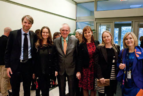 Left to right: Ambassador Jarl Frijs-Madsen, Consul General of Denmark; Christina Djurhuus, Consul General’s wife; Dr. Bent, Consul General’s father; Ulla Dubgaard, Head of Press; Maiken Tandgaard Derno, Vice Consul, Cultural Attaché; and Vanessa Bezemer Sellers, Coordinator, Humanities Institute.