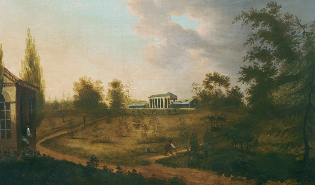 The Elgin Botanic Garden, ca. 1815. Standing on the spot of what today is Rockefeller Center, the grounds were divided into various compartments for the instruction of students of medical botany. NYBG Mertz Library, Art and Illustration Collection.