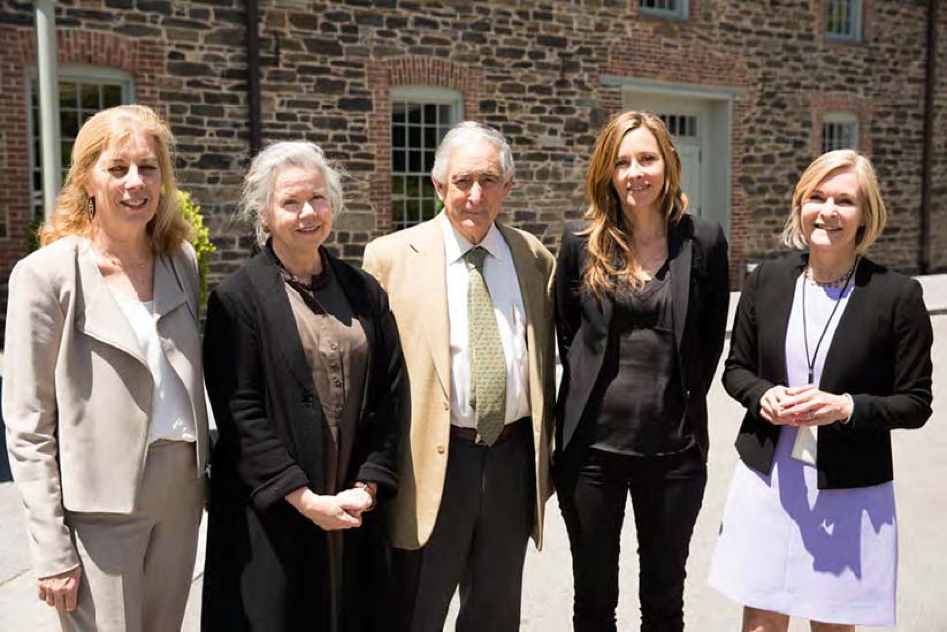 Susan Fraser, Director of the Mertz Library (left), and Vanessa Sellers, Coordinator of the Humanities Institute, join speakers Susan Stewart, Stephen Kellert, and Andrea Wulf