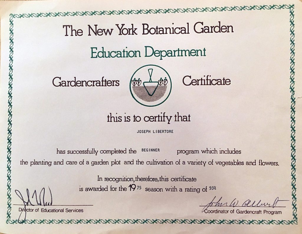 Joe Liberatore's Garden Crafters Certificate from 1975.