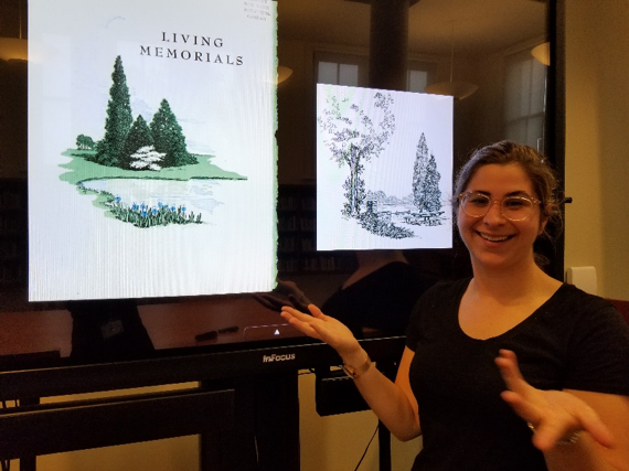 Rebecca Pollack shows examples of artwork illustrating memorial gardens 