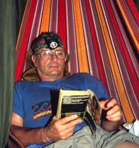 The author after sunset and no where else to go but to his comfortable hammock. Photo by Carol Gracie.