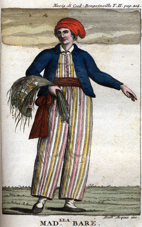 An engraving of Jeanne Baret which portrays her in loose-fitting clothing. (Credit: Leemage/Getty Images/Universal Images Gr.)