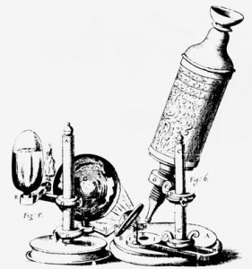Robert Hooke’s drawing of the microscope that he designed, one of the best microscopes of the 1600s.