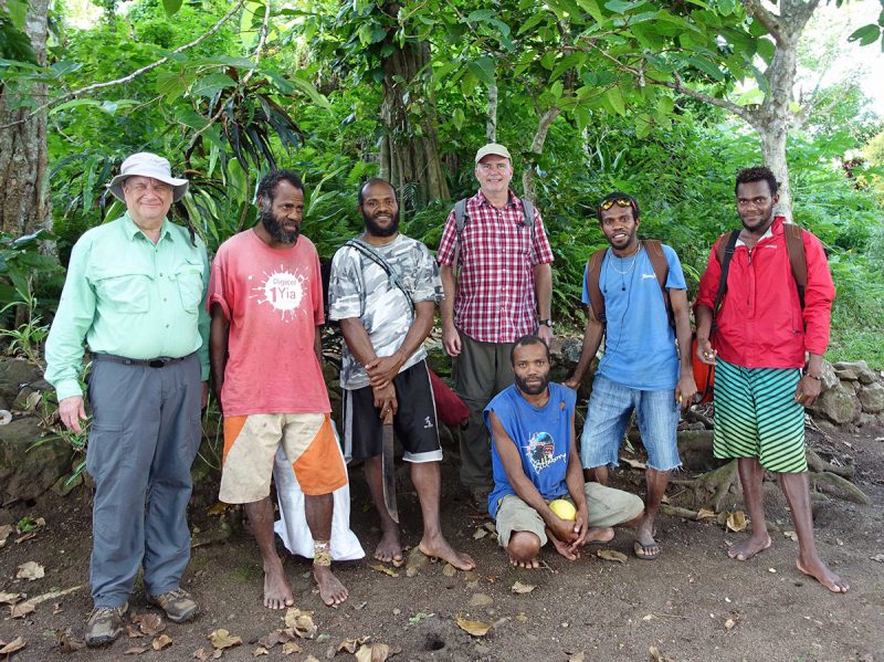 Members of the collecting team on Aneityum. On the left is Dr. Michael J. Balick, and in the middle, wearing the baseball cap, is Dr. Gregory M. Plunkett.