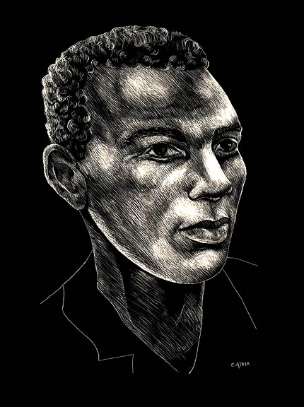 Portrait of Percival H. Gentle, after photo in the archives of the Harry Ransom Humanities Research Center, Universtiy of Texas, Austin, (Scratchboard illustration by Elizabeth E. Atha)