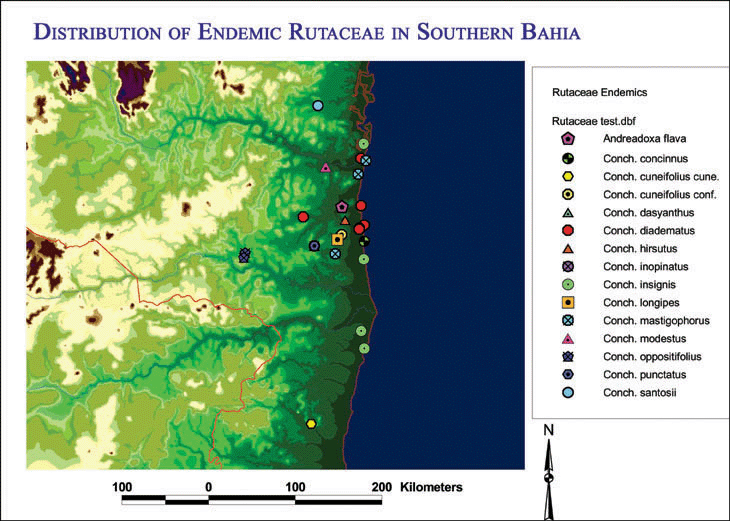Distribution map of endemic Rutaceae in southern Bahia