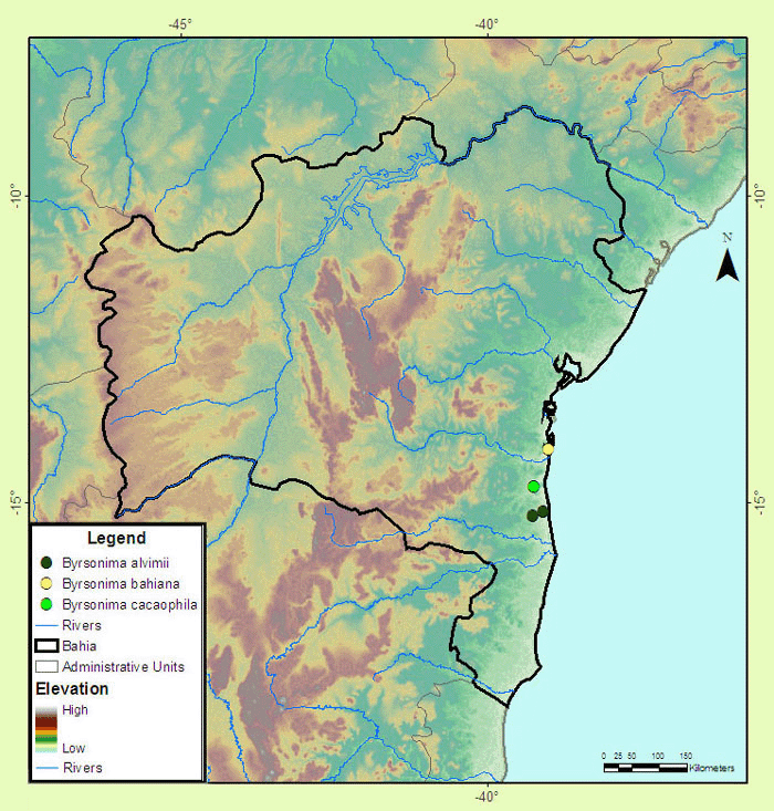 Distribution map of endemic Bahian Byrsonima species