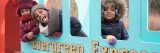 Three childrend playing in outside train cut out