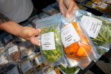 A person holds up bags of snacks in clear packaging, with orange and green foods within