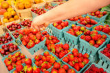 A person picks up a green paper carton of bright red strawberries from a table covered in such