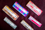 An arrangement of chocolate bars in colorful packaging