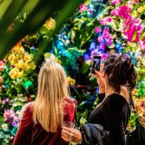 Two women, one holding a drink, looking at orchids.
