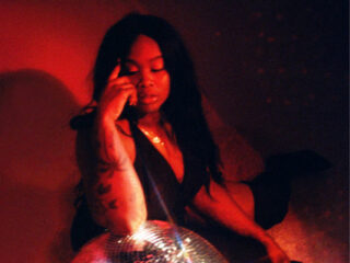 A person with long dark hair leans against a disco ball for a photo