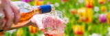 A person pours pink wine into a glass while surrounded by red and yellow flowers