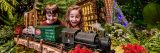 Two kids looking at a model train during the Holiday Train Show in the Conservatory