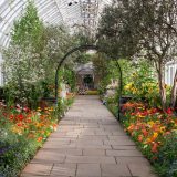 A trellis surrounded by vibrant and colorful flowers leads visitors through the exhibition.