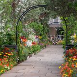 A trellis surrounded by vibrant and colorful flowers facing left.