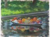 A Plein-Air oil painting of a boat filled with colorful Chihuly sculptures by Brad Marshall