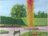 A Plein-Air oil painting of an orange and red Chihuly sculpture in a courtyard by Brad Marshall