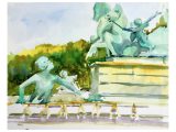 A Plein-Air watercolor painting of a fountain with a mermaid statue by Elissa Gore