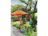A Plein-Air watercolor painting of an orange umbrella at the NYBG by Elissa Gore