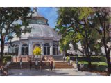A Plein-Air oil painting of a Chihuly sculpture in front of the Conservatory by Garin Baker