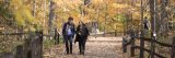 A man and a woman walking through the forest in the fall