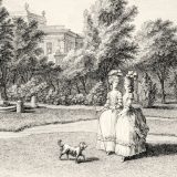 An illustration of two women and a dog walking in Monceau's garden from Flora Illustrata.