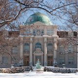 The front of the library building in Winter