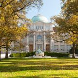 The front of Mertz Library in fall