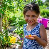 A child holding a tomato.