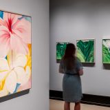 Woman looking at a few of Georgia O’Keeffe’s works on display in the LuEsther T. Mertz Library Art Gallery.