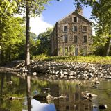 An old mill building made from stone with ten windows stands on a rocky river bank with a single, thin tree in the foreground and others in the background.