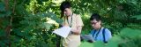 Two boys learning in the forest.