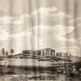 black and white print of hilly terrain with a structure on top of the central hill