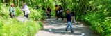 Children and parents following a winding path in the Everett Children's Adventure Garden.