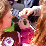 Girl Scouts looking at a bud on a branch