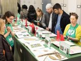 People looking at herbarium specimens laid out on a green table