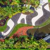 An aerial view of the patterned path and curvilinear planting beds in the Modernist Garden