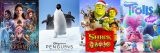 Film posters for The Nutcracker and the Four Realms, Disney's Penguins, Shrek the Halls, and Trolls Holiday.