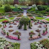 An aerial view of the Peggy Rockefeller Rose Garden centered on its pergola.