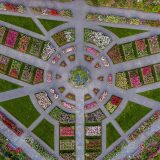 An aerial view of the Peggy Rockefeller Rose Garden, showing its various paths and beds of roses.