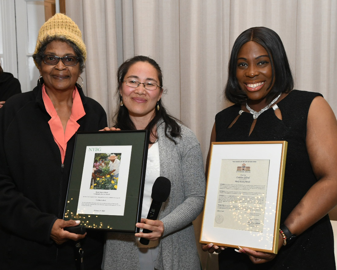 Photo of Cordelia Gilford, Community Gardener; Ursula Chanse, Director of Bronx Green-Up & Community Horticulture; and Council Member Vanessa Gibson